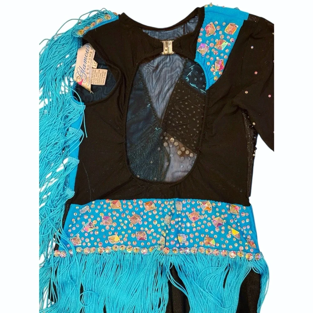 Glamour | Bold Blue and Black Asymmetrical Leotard Dance Costume with Fringe LC